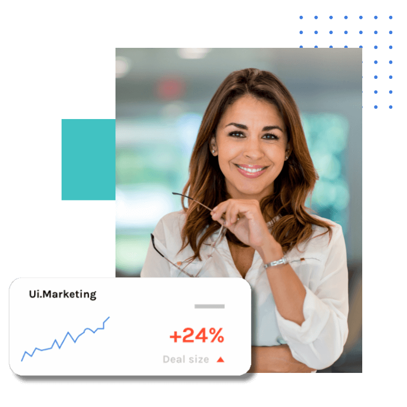 A woman in a white shirt and glasses displaying a marketing app interface.