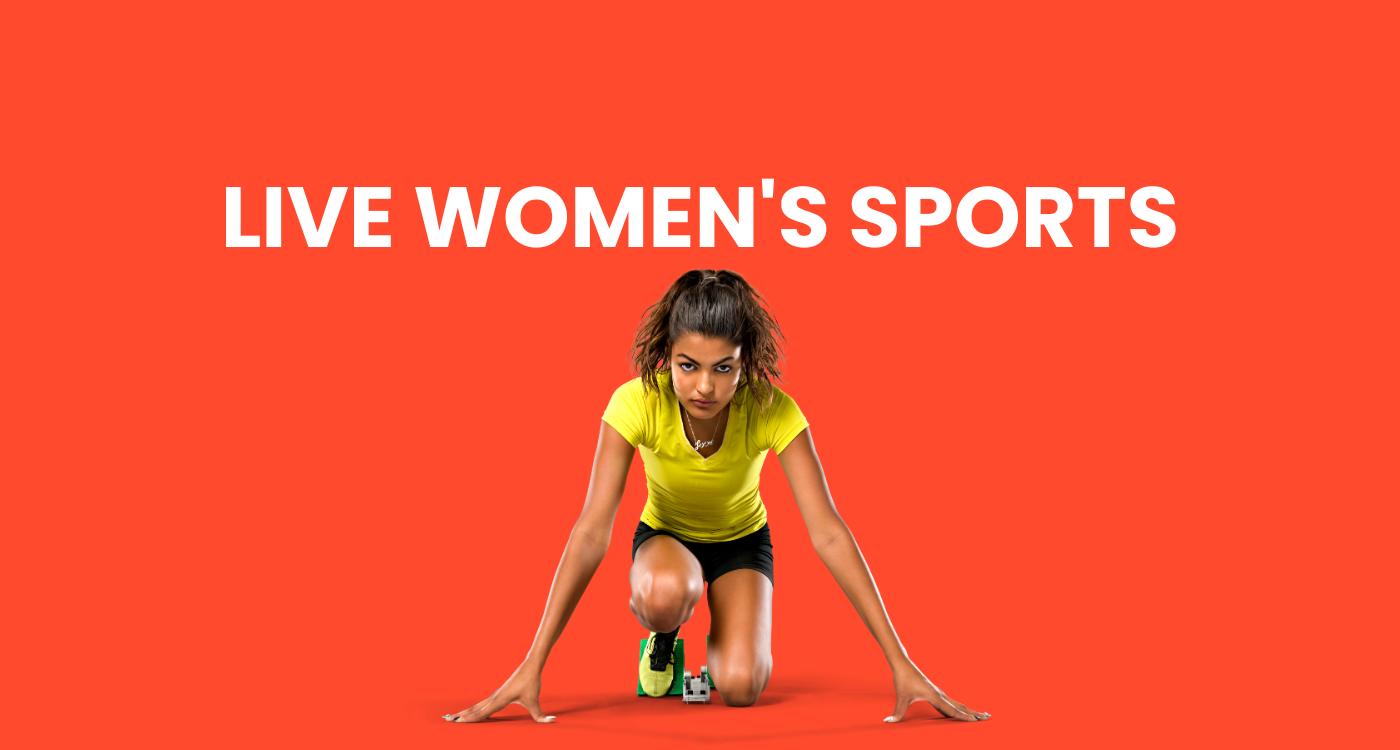 female track runner in stance against orange background