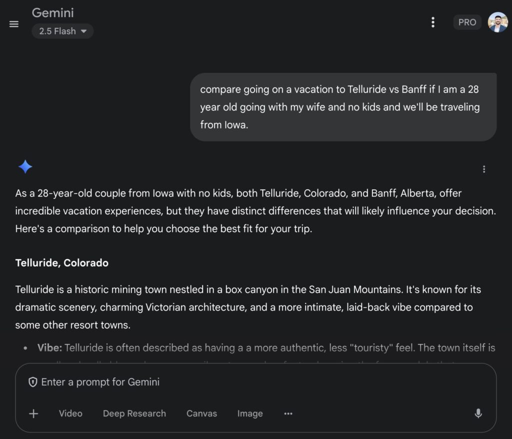 A screenshot of a Gemini chat comparing a vacation in Telluride, Colorado, with one in Banff, Alberta.