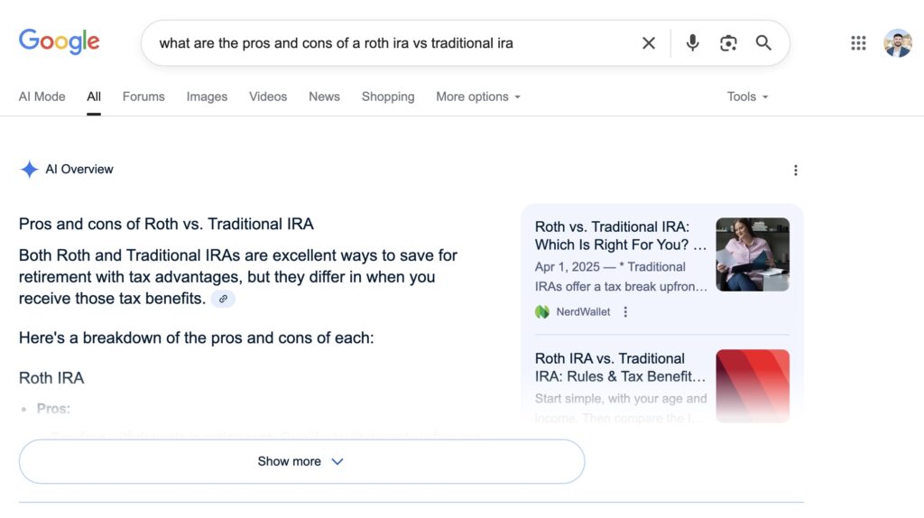 A screenshot of a Google search results page featuring an AI Overview for "pros and cons of a roth ira vs traditional ira."