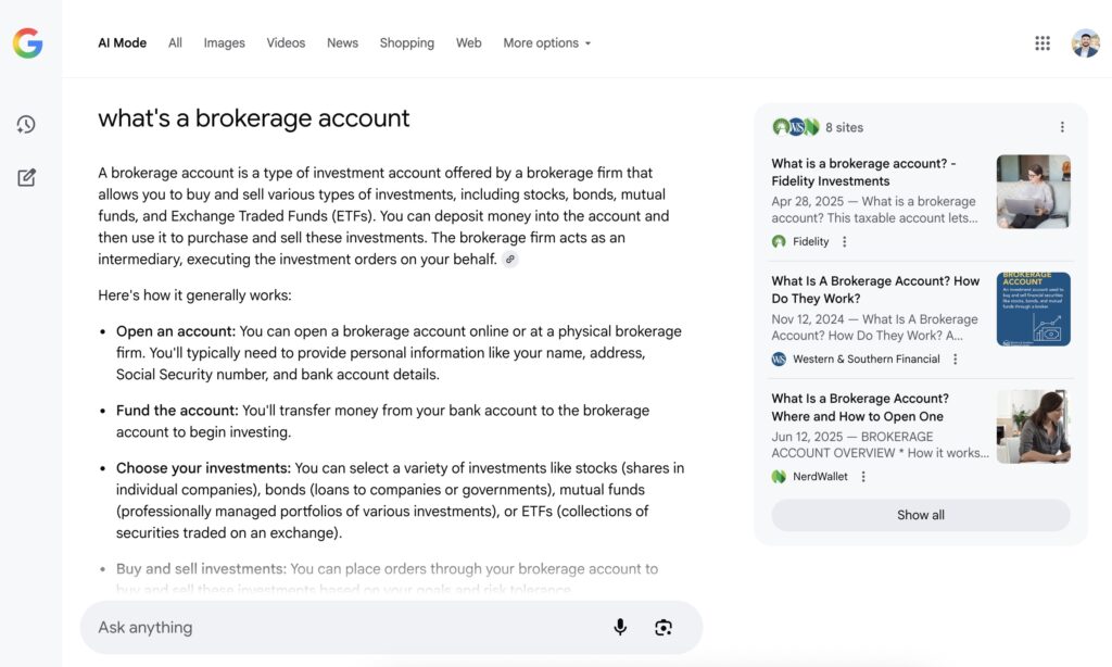 An image of the Google search page with an AI Overview defining what a brokerage account is.