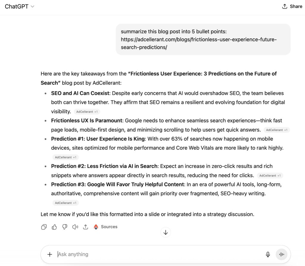 An example of a ChatGPT response summarizing a blog post about frictionless user experience and future search predictions.