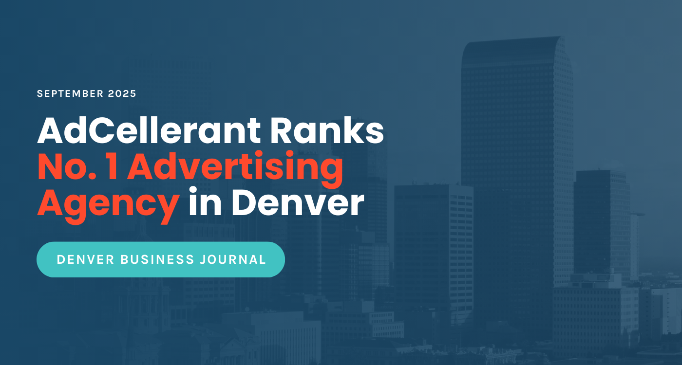 A graphic with a dark blue background and light blue Denver skyline overlay. The text "September 2025" is at the top left, with "AdCellerant Ranks" in white text below it, and "No. 1 Advertising Agency in Denver" in red text below that. A light blue rectangle with the white text "Denver Business Journal" is centered near the bottom of the image.