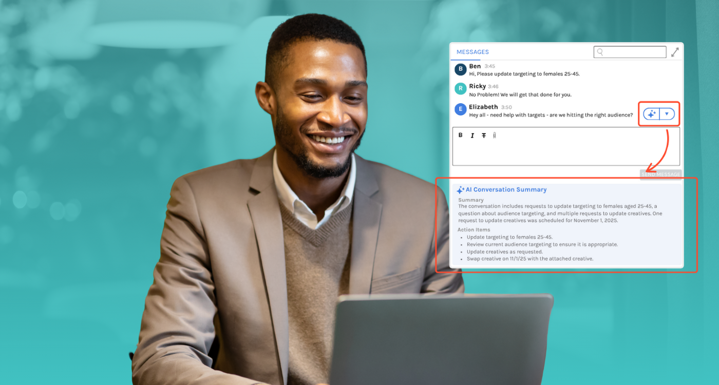 A professional man smiling while working on a laptop, with an on-screen example of AdCellerant’s AI Conversation Summary feature automatically summarizing key campaign updates and action items.
