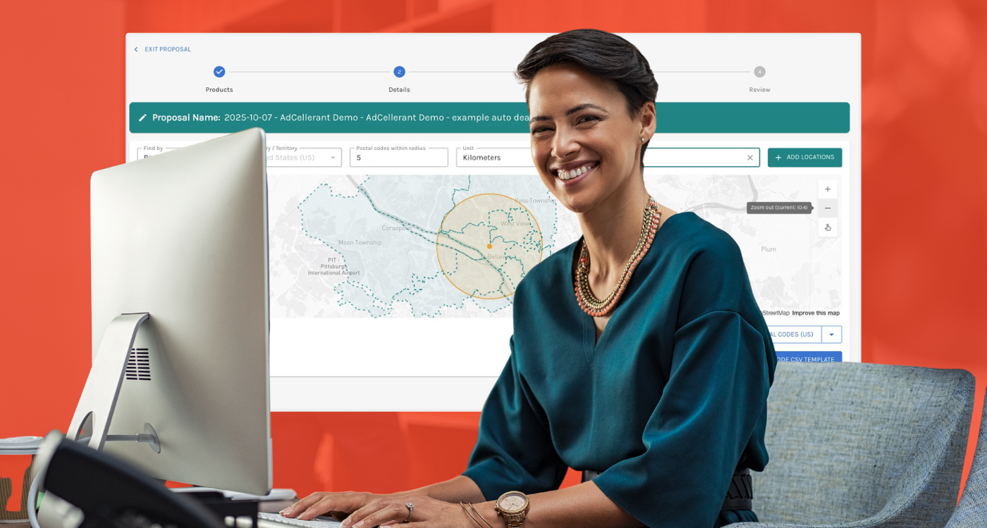 A professional woman smiles while working at her computer, with the AdCellerant Ui.Marketing platform’s mapping tool displayed on screen showing enhanced location targeting options.