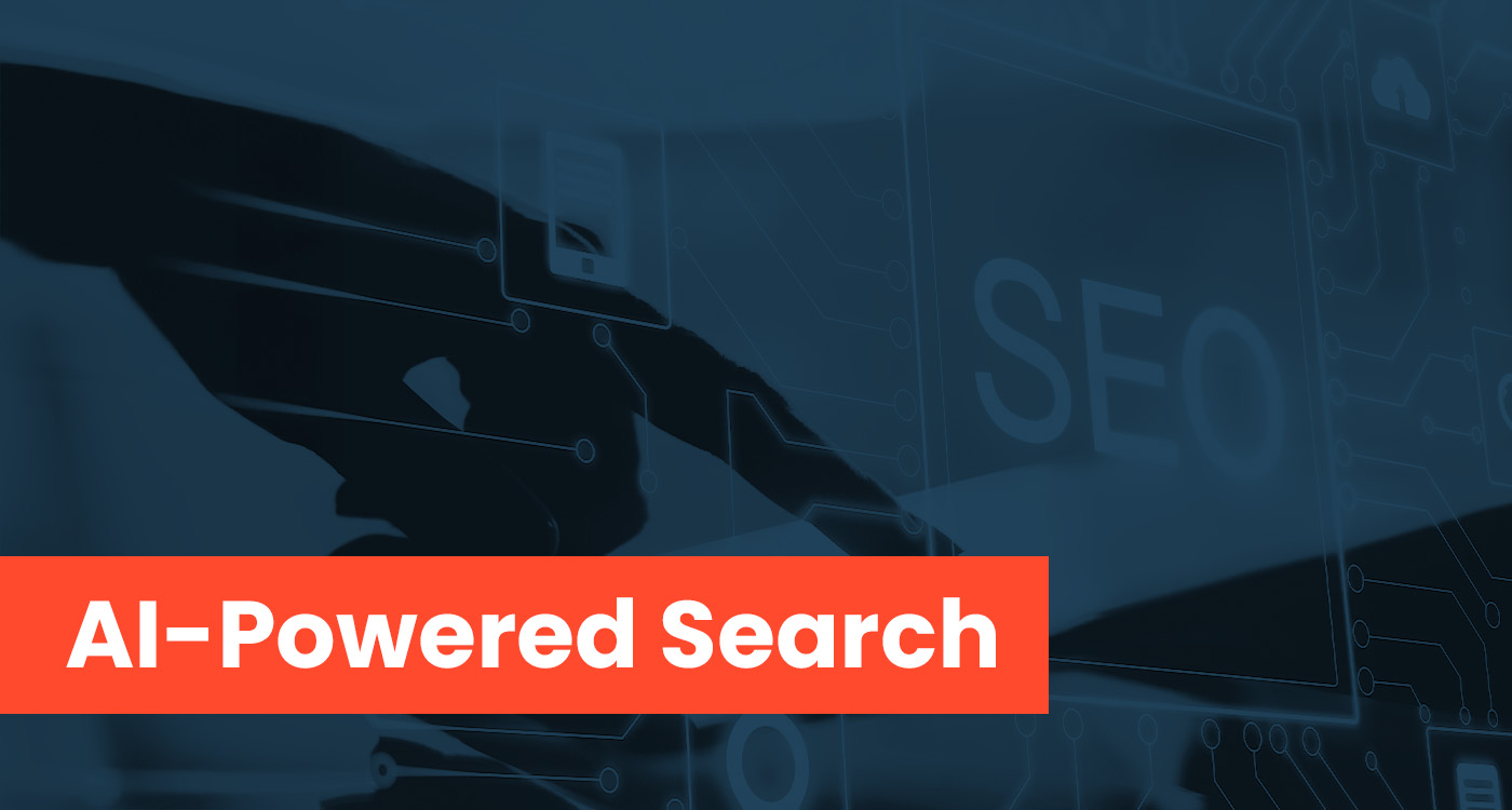 AI-powered search optimization concept showing human hand interacting with digital search interface.