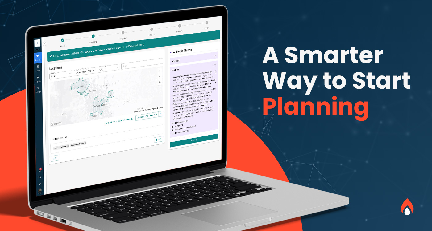 Media planning tool interface shown on a laptop with location targeting and campaign planning insights.