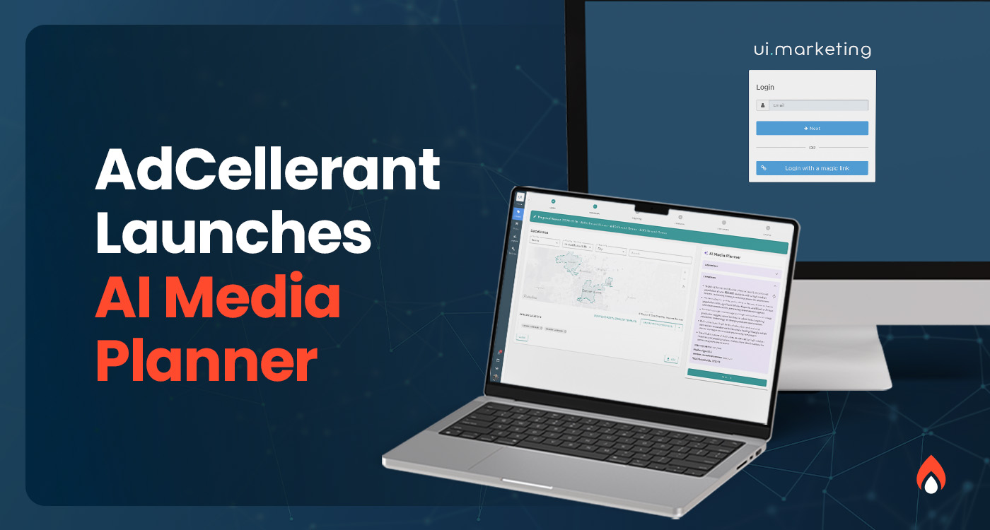 AdCellerant AI Media Planner interface displayed on laptop and desktop screens.