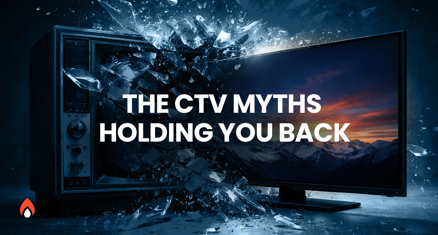 Vintage television screen shattering to reveal a modern smart TV, symbolizing myths about Connected TV advertising being broken in 2026.