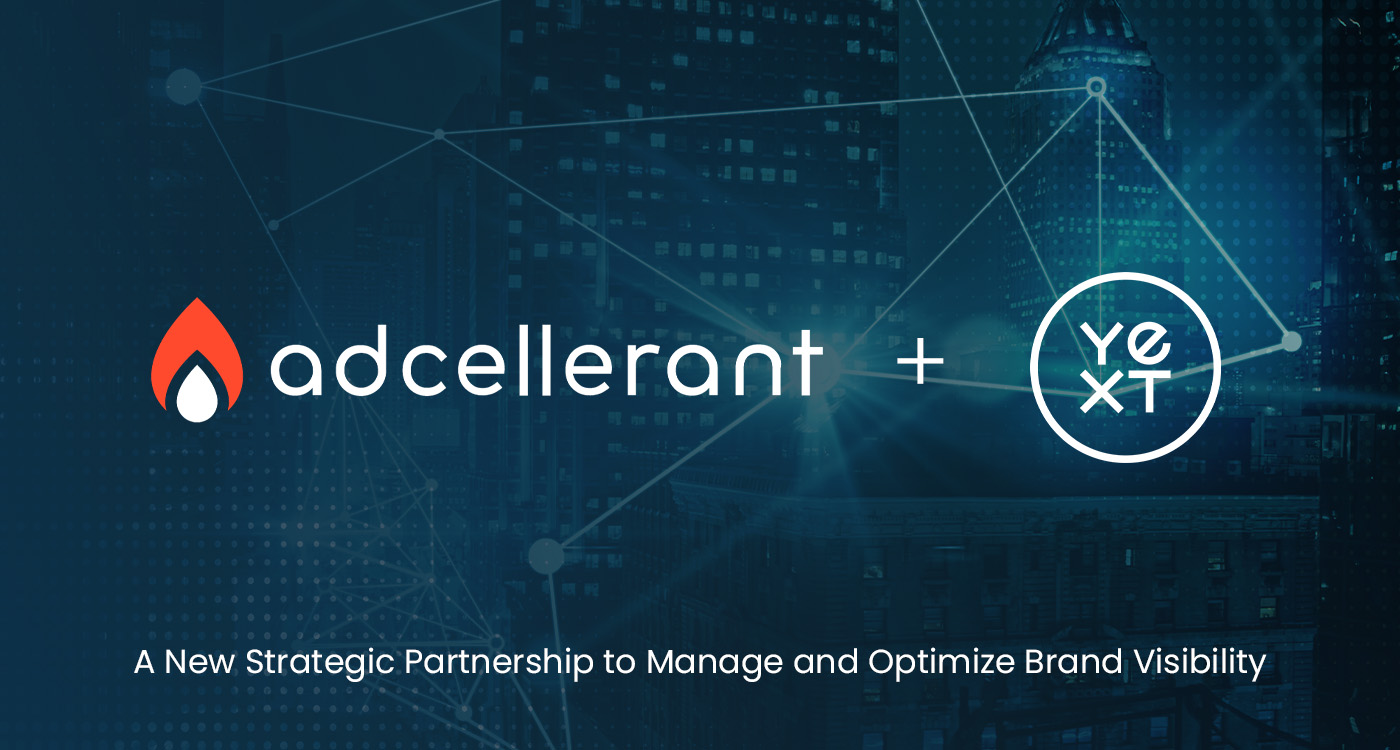 AdCellerant and Yext logos displayed over a cityscape background announcing a strategic partnership to optimize brand visibility.