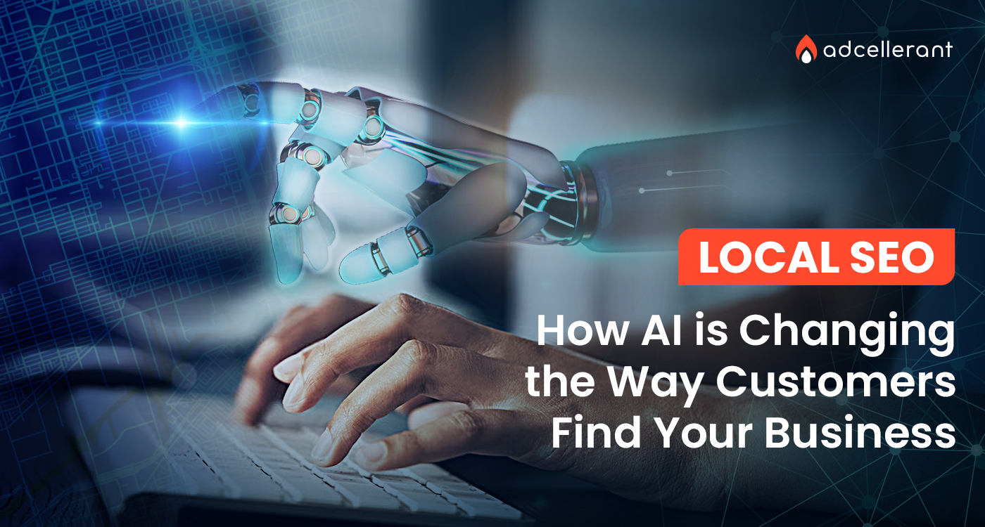 A robotic AI hand and a human hand both typing on a keyboard, representing how artificial intelligence is transforming local SEO and the way customers discover local businesses online.
