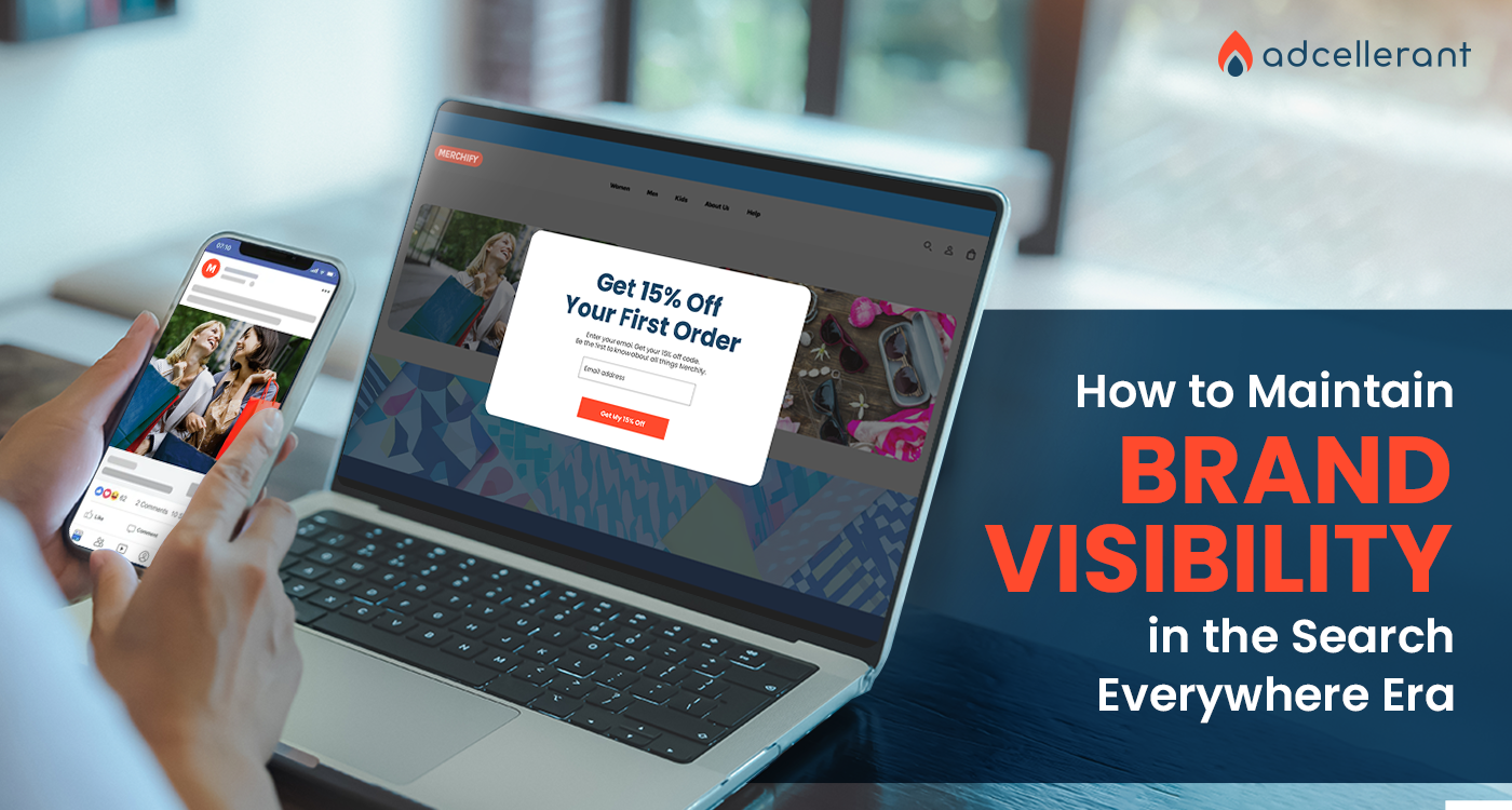 A person browsing a retail website on a laptop while scrolling social media on a smartphone, representing how brands must maintain visibility across multiple digital discovery surfaces in the AI search era.
