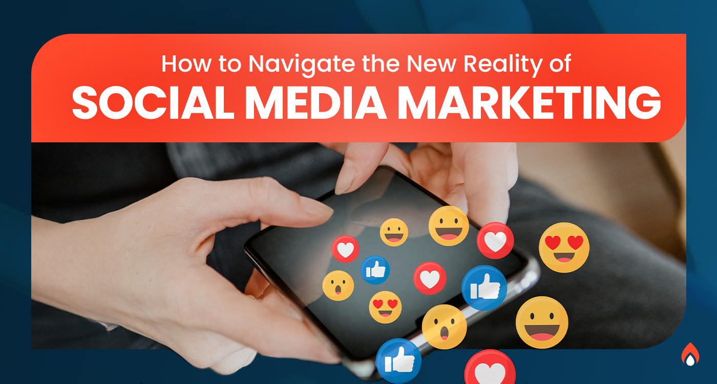 Hands holding a smartphone surrounded by social media reaction emojis including likes, hearts, and smiling faces, representing engagement in the new reality of social media marketing.