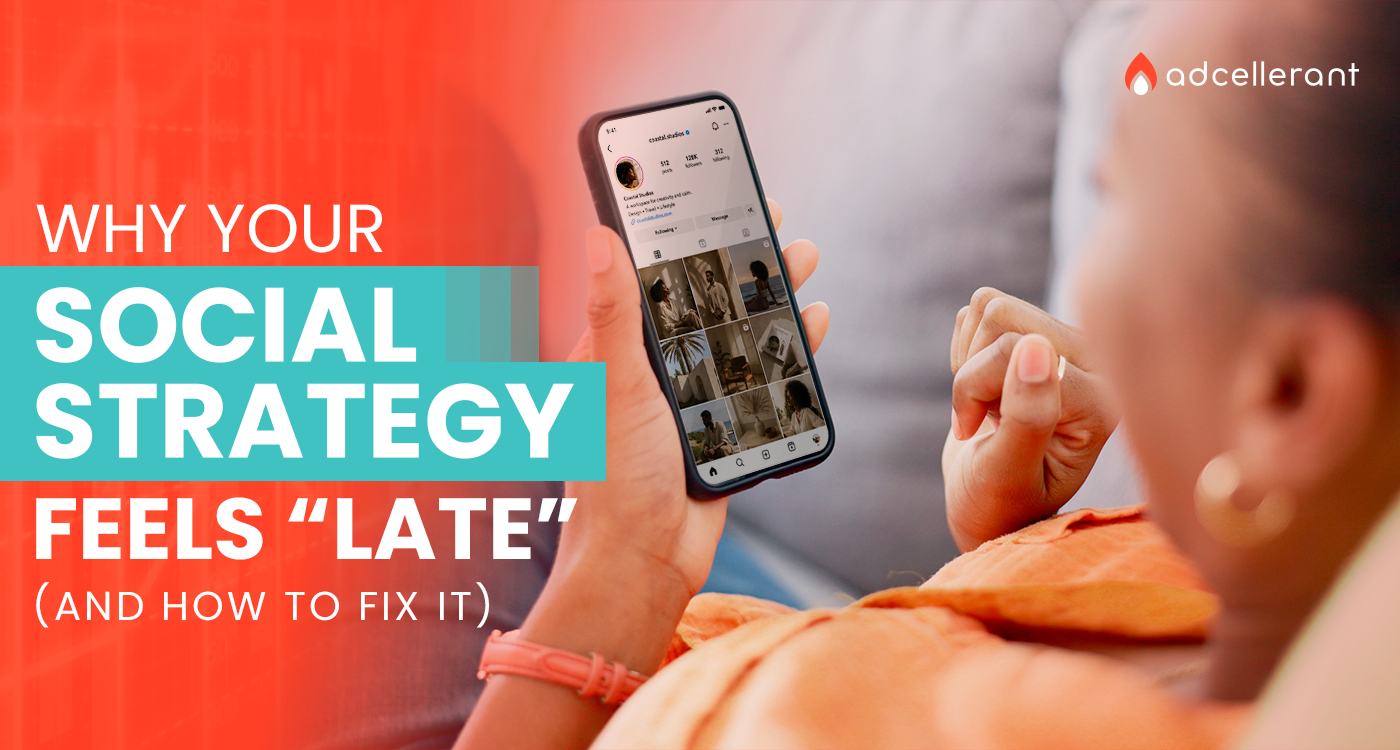 A person scrolling through an Instagram profile grid on a smartphone, representing how brands fall behind on social media trends and need predictive analytics to stay ahead of the curve.
