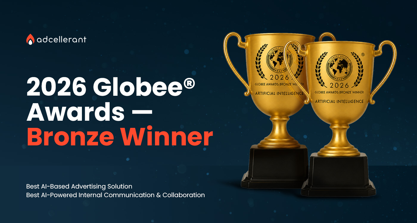 Two gold Globee Awards trophies engraved with 2026 Bronze Winner Artificial Intelligence, representing AdCellerant's recognition for Best AI-Based Advertising Solution and Best AI-Powered Internal Communication and Collaboration.