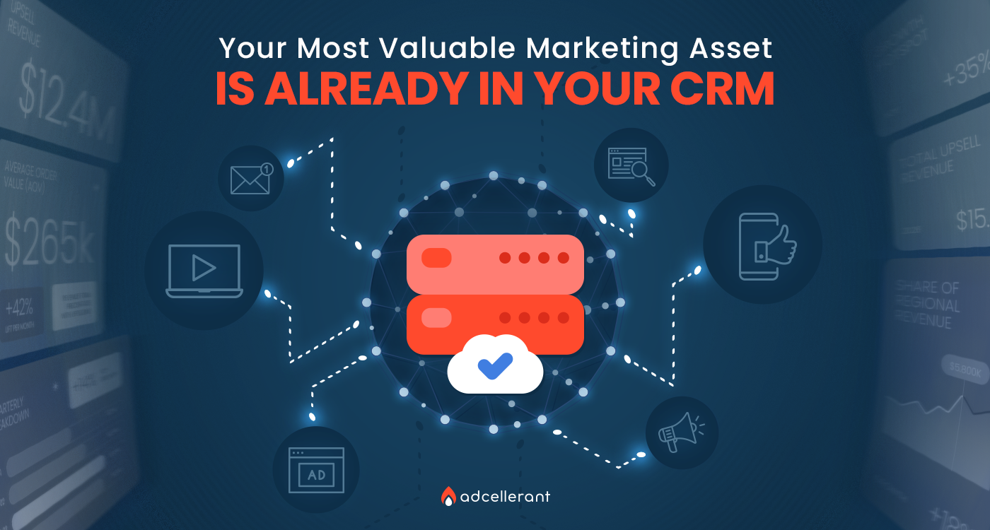A CRM database server connected to multiple digital marketing channels including email, video, search, social, and display advertising, representing how CRM data powers omnichannel marketing strategy.