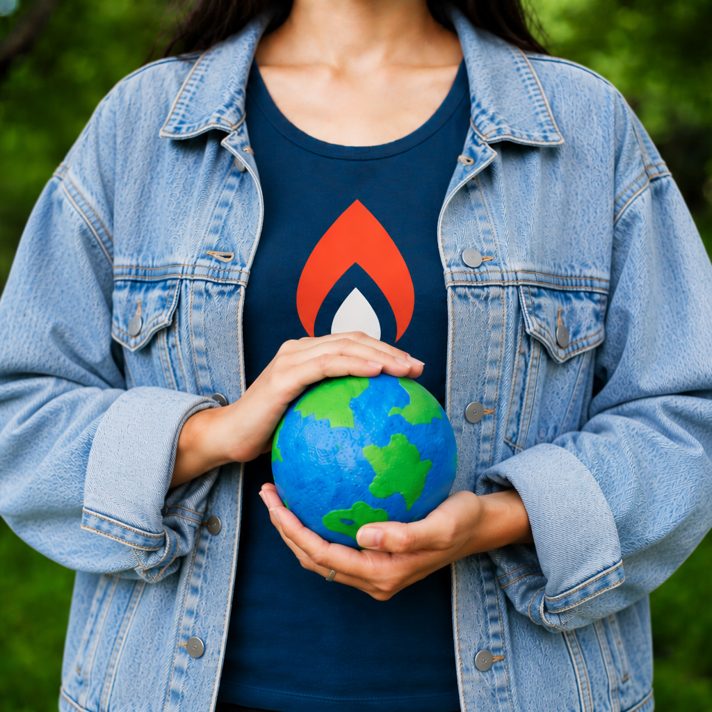 Person in an AdCellerant shirt holding a hand-painted globe