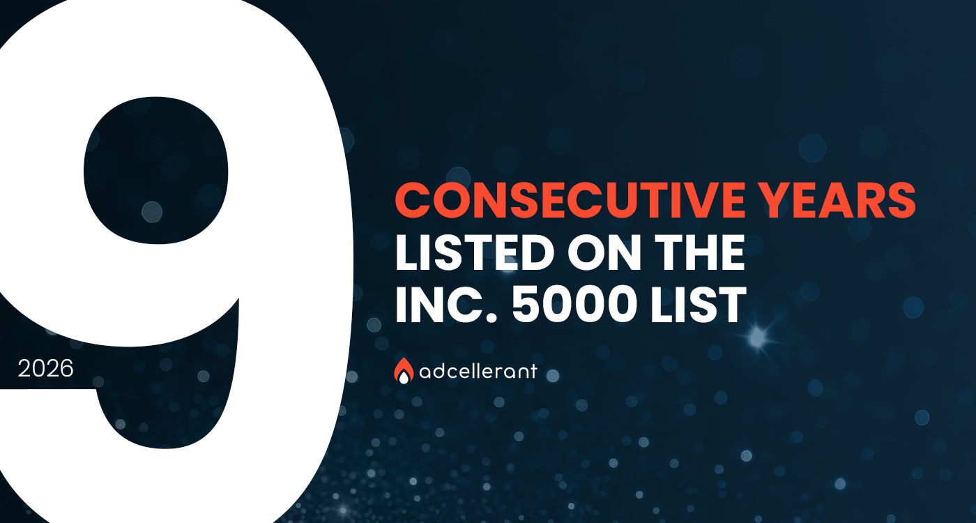 AdCellerant 2026 Inc. 5000 award graphic celebrating 9 consecutive years on the list