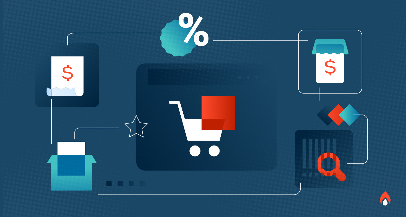 A retail media ecosystem diagram showing a shopping cart connected to pricing, promotions, product listings, search, and purchase icons representing how local advertisers can access retail media networks.